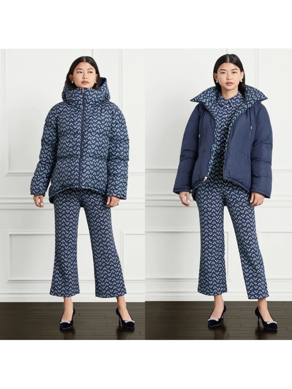 Hill House Edie Puffer Reversible Jacket Coat Hood Floral Navy Size L